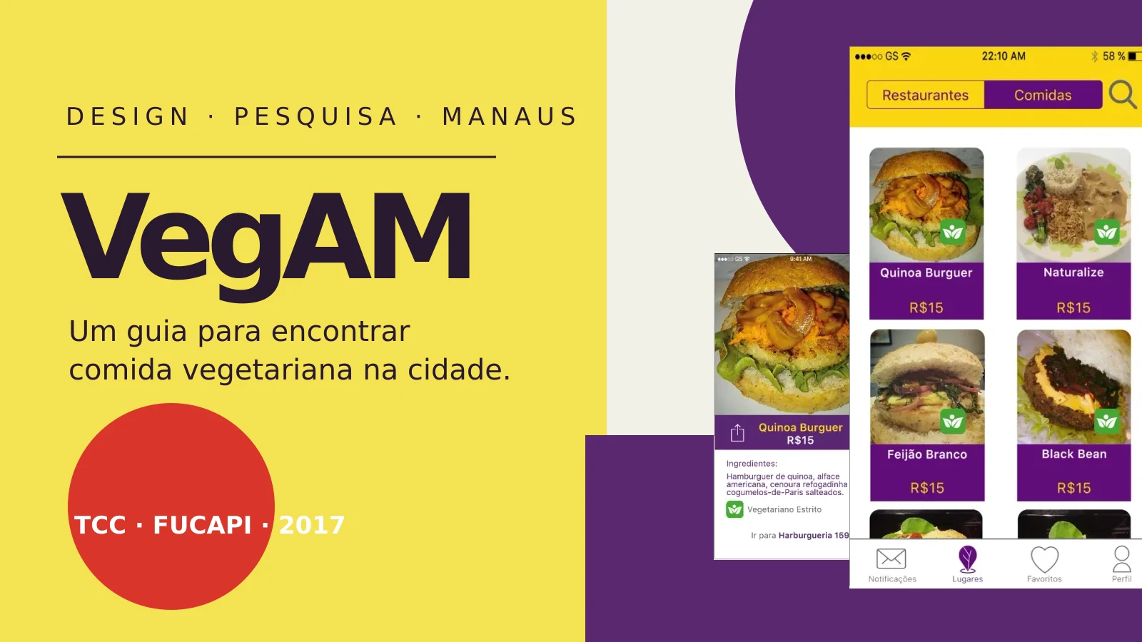 Composição com telas originais do protótipo VegAM e formas geométricas em amarelo, roxo e vermelho